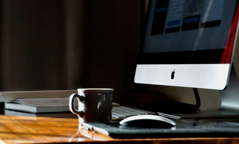 coffee, cup, desk, notebook, display, imac, design, home, work, coffee cup, workspace, work from home