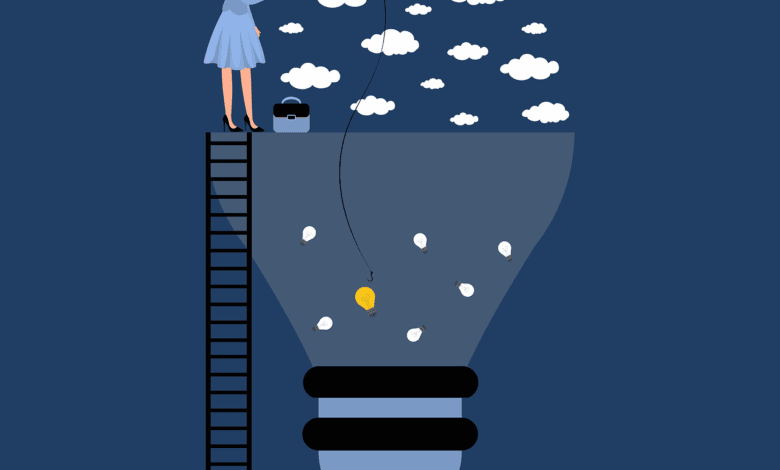 woman, ladder, idea, clouds, the light bulb, light, luminous, fishing, nature, training, to learn, knowledge, information, hand, brainstorming, shape, potential, blue