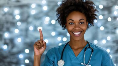 ai generated, nurse, medical, pointing finger, signaling, decision, choice, direction, health