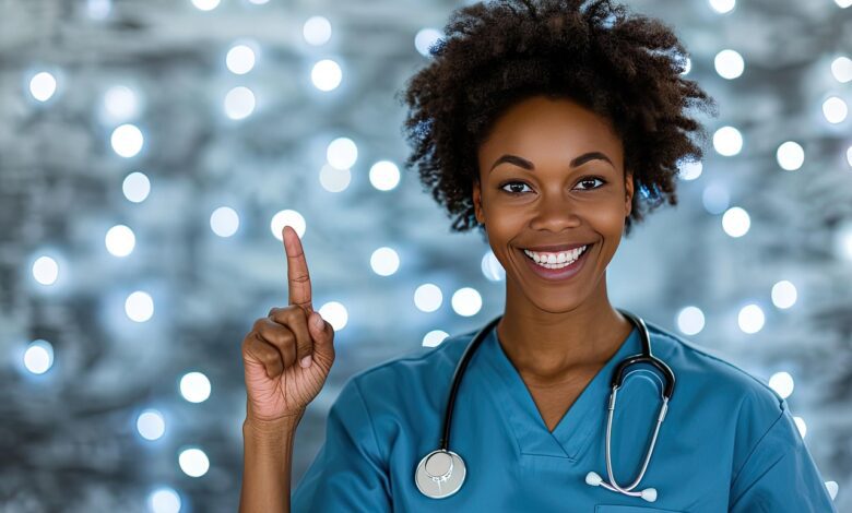 ai generated, nurse, medical, pointing finger, signaling, decision, choice, direction, health