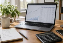 laptop showing a cash-flow chart beside a calculator and small-business budget notes