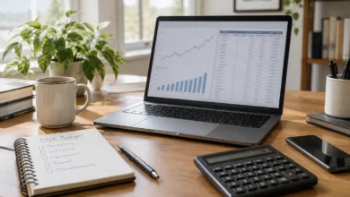 laptop showing a cash-flow chart beside a calculator and small-business budget notes