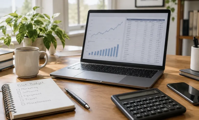 laptop showing a cash-flow chart beside a calculator and small-business budget notes
