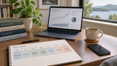 weekly attention budget planner separating investment research, portfolio actions and screen-time breaks.