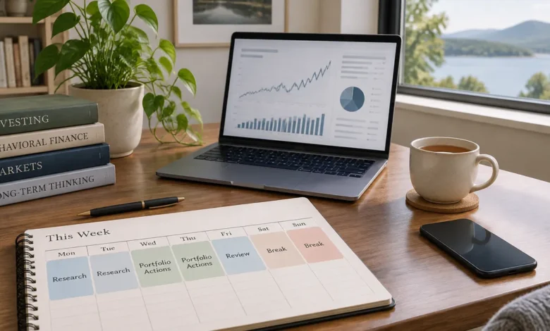 weekly attention budget planner separating investment research, portfolio actions and screen-time breaks.