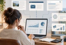 online business owner reviewing a marketing budget across content, search, ai answers and paid campaigns.