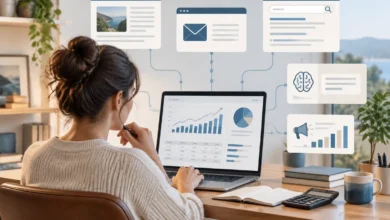 online business owner reviewing a marketing budget across content, search, ai answers and paid campaigns.