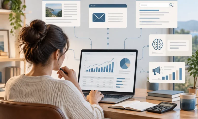online business owner reviewing a marketing budget across content, search, ai answers and paid campaigns.