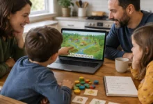 family discussing resource choices from a strategy game alongside a simple household budget worksheet
