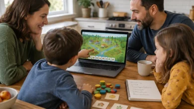 family discussing resource choices from a strategy game alongside a simple household budget worksheet
