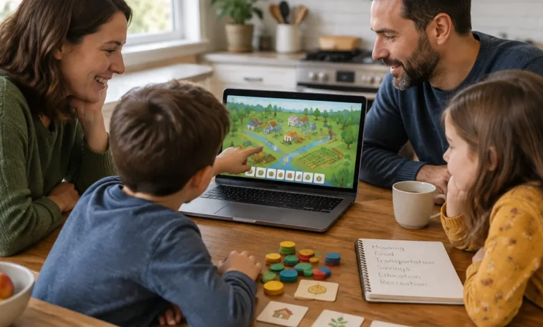 family discussing resource choices from a strategy game alongside a simple household budget worksheet