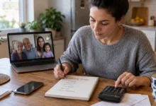 person reviewing a household budget with a smartphone, notebook and calculator