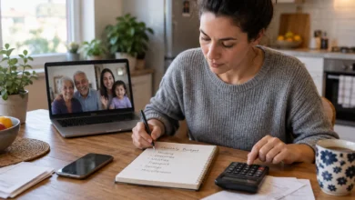 person reviewing a household budget with a smartphone, notebook and calculator