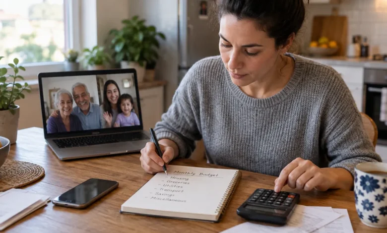 person reviewing a household budget with a smartphone, notebook and calculator